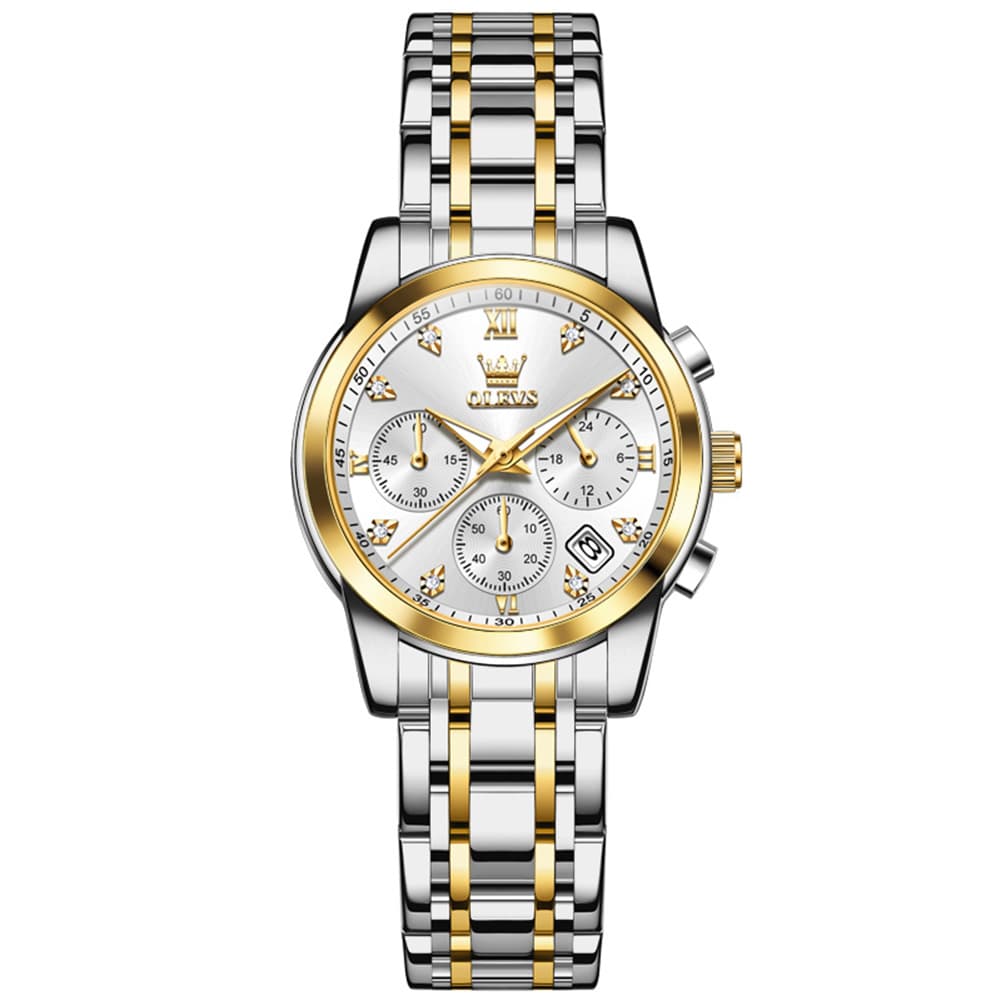 OLEVS 2858 Elegant Moon Phase Chronograph Watch for Women - Two-Tone White Watch | Olevs Watch Store