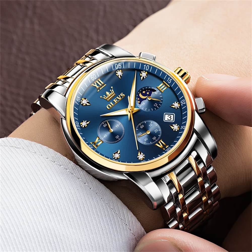 OLEVS 2858 Luxury Moon Phase Chronograph Watch for Men - All Black Gold Watch | Olevs Watch Store