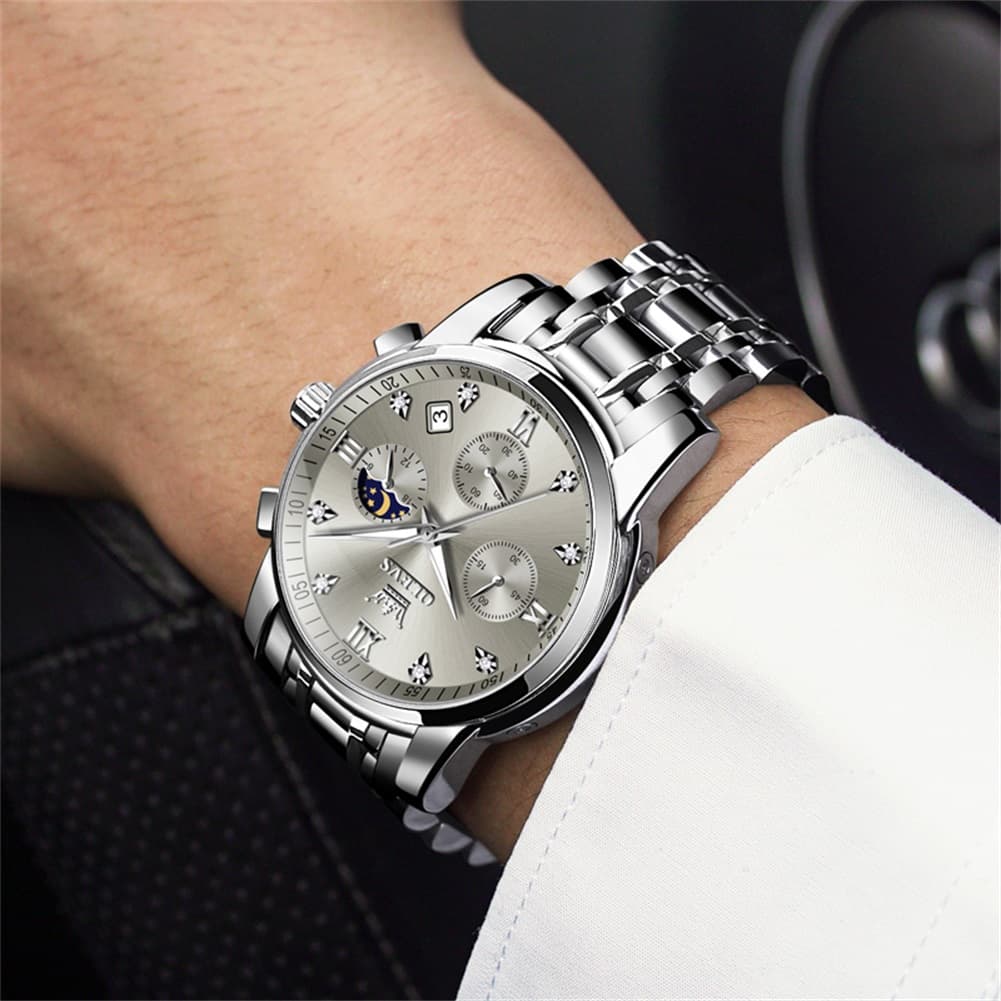 OLEVS 2858 Luxury Moon Phase Chronograph Watch for Men - All Black Gold Watch | Olevs Watch Store