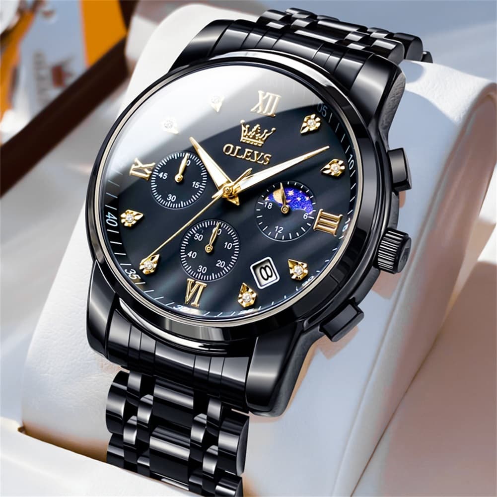 OLEVS 2858 Luxury Moon Phase Chronograph Watch for Men - All Black Gold Watch | Olevs Watch Store