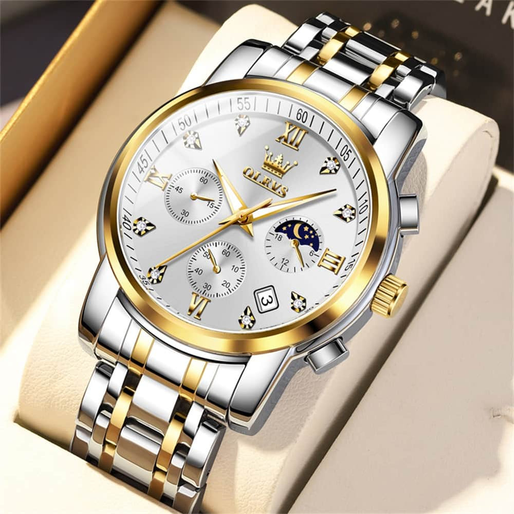 OLEVS 2858 Luxury Moon Phase Chronograph Watch for Men - All Black Gold Watch | Olevs Watch Store
