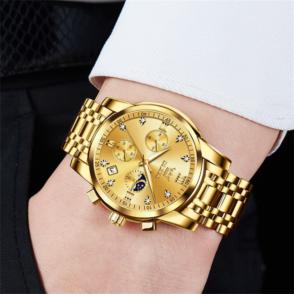OLEVS 2858 Luxury Moon Phase Chronograph Watch for Men - All Black Gold Watch | Olevs Watch Store
