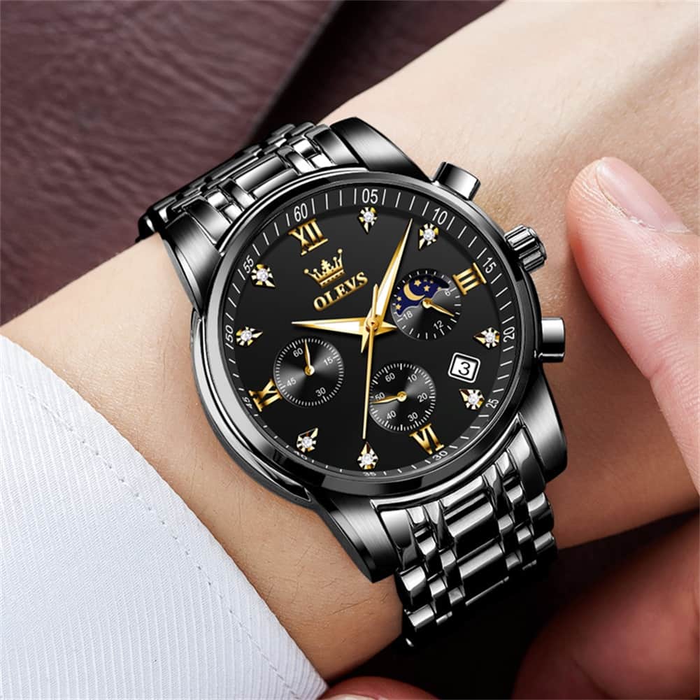 OLEVS 2858 Luxury Moon Phase Chronograph Watch for Men - All Black Gold Watch | Olevs Watch Store