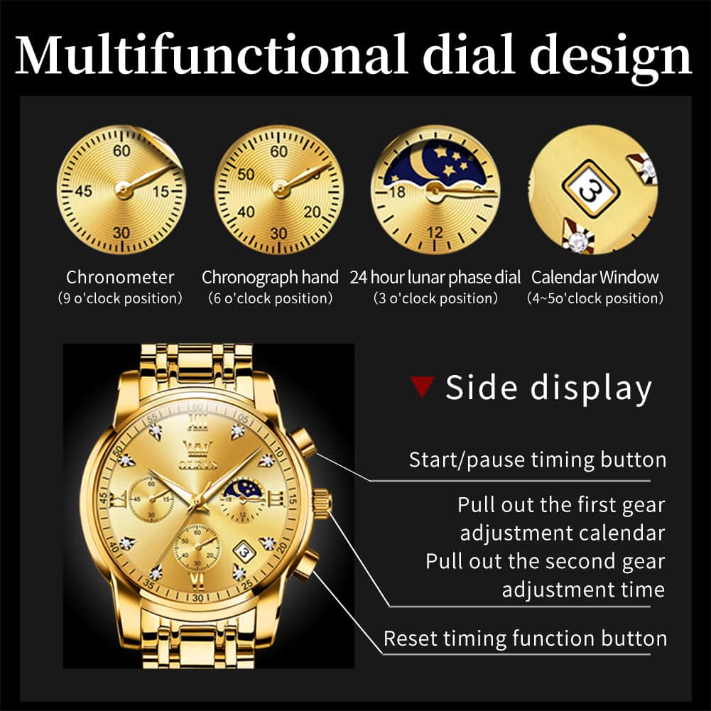 OLEVS 2858 Luxury Moon Phase Chronograph Watch for Men - All Black Gold Watch | Olevs Watch Store