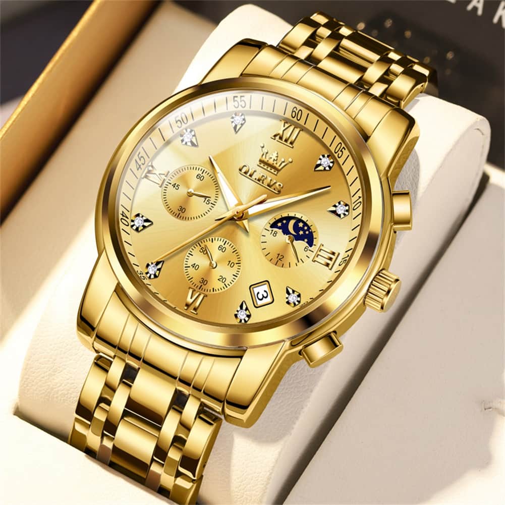 OLEVS 2858 Luxury Moon Phase Chronograph Watch for Men - All Black Gold Watch | Olevs Watch Store