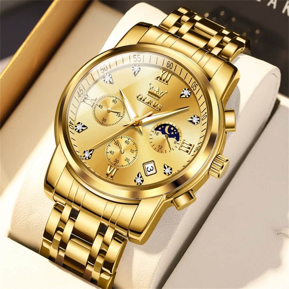 OLEVS 2858 Luxury Moon Phase Chronograph Watch for Men - All Black Gold Watch | Olevs Watch Store