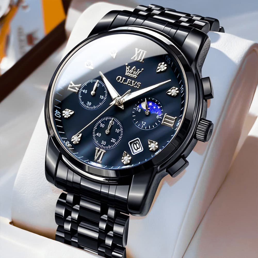 OLEVS 2858 Luxury Moon Phase Chronograph Watch for Men - All Black Gold Watch | Olevs Watch Store