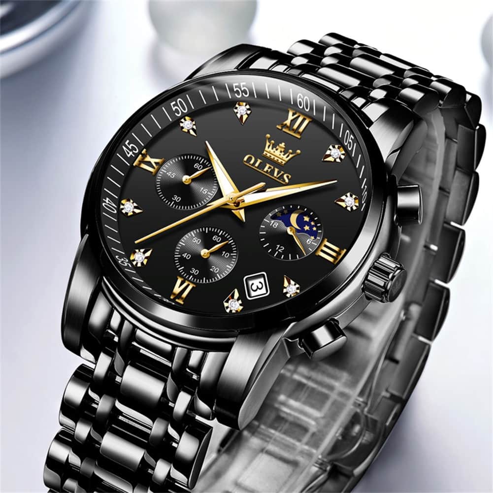 OLEVS 2858 Luxury Moon Phase Chronograph Watch for Men - All Black Gold Watch | Olevs Watch Store