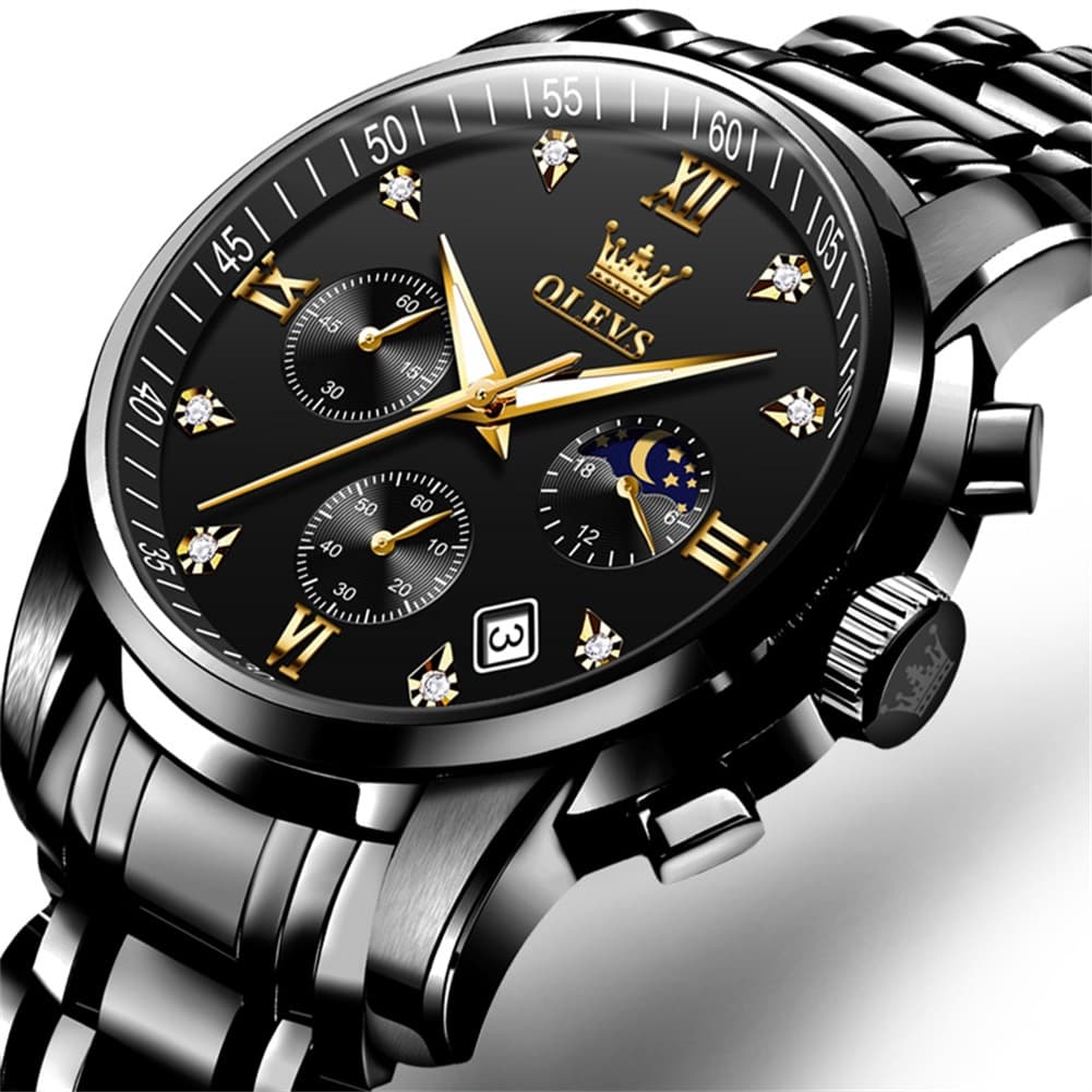 OLEVS 2858 Luxury Moon Phase Chronograph Watch for Men - All Black Gold Watch | Olevs Watch Store