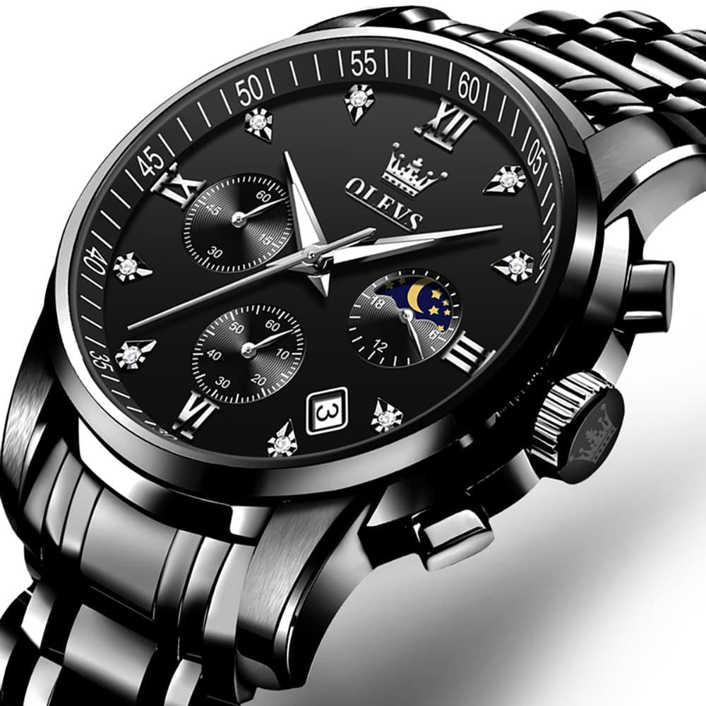 OLEVS 2858 Luxury Moon Phase Chronograph Watch for Men - All Black Silver Watch | Olevs Watch Store