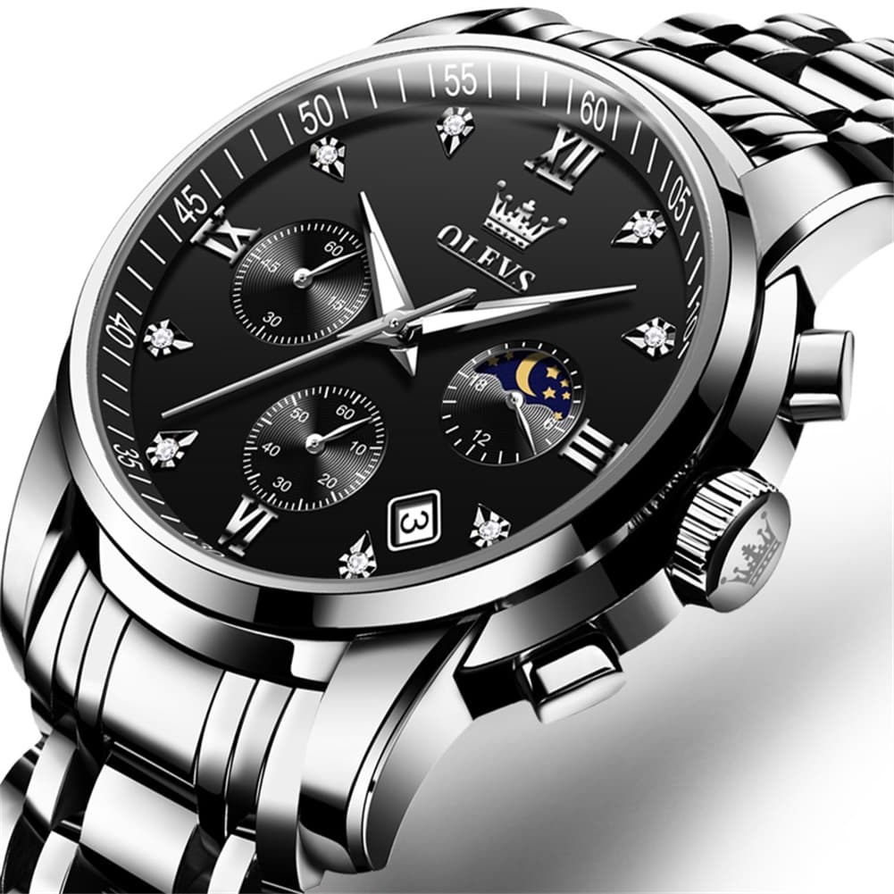 OLEVS 2858 Luxury Moon Phase Chronograph Watch for Men - Silver Black Watch | Olevs Watch Store