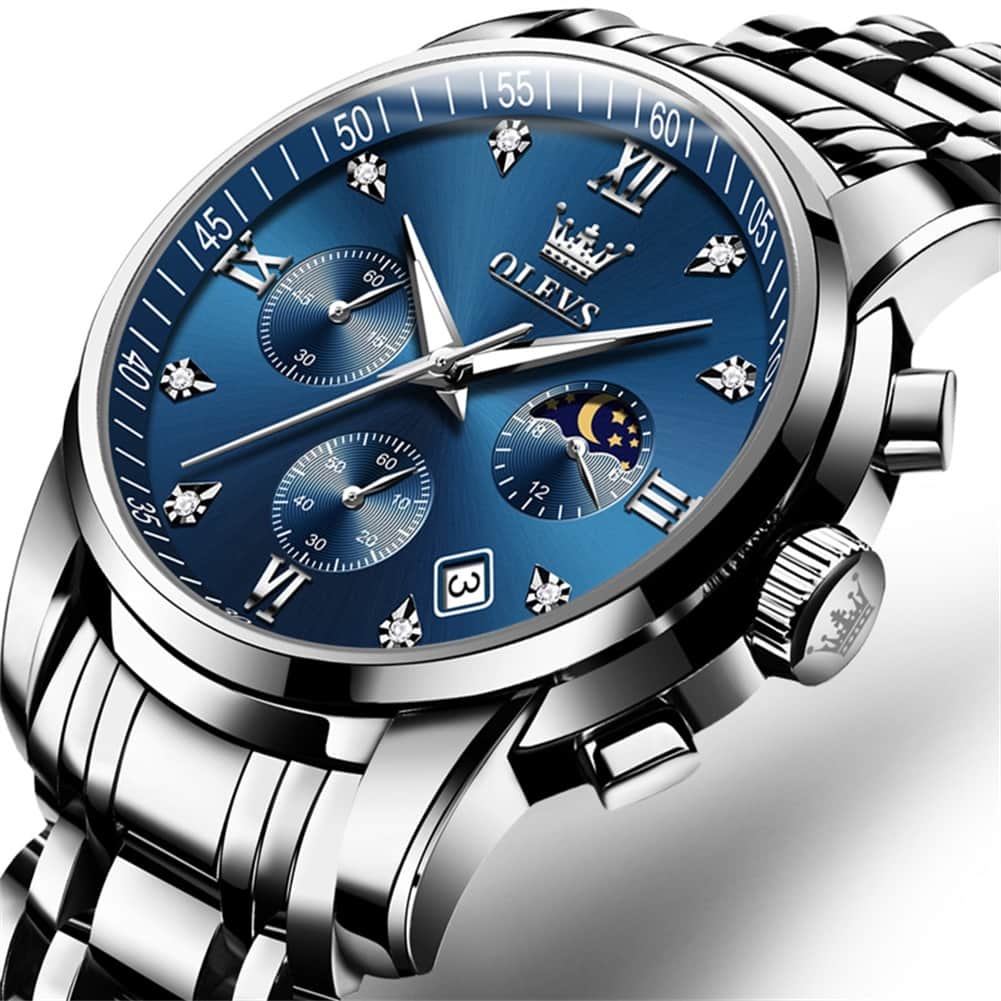 OLEVS 2858 Luxury Moon Phase Chronograph Watch for Men - Silver Blue Watch | Olevs Watch Store