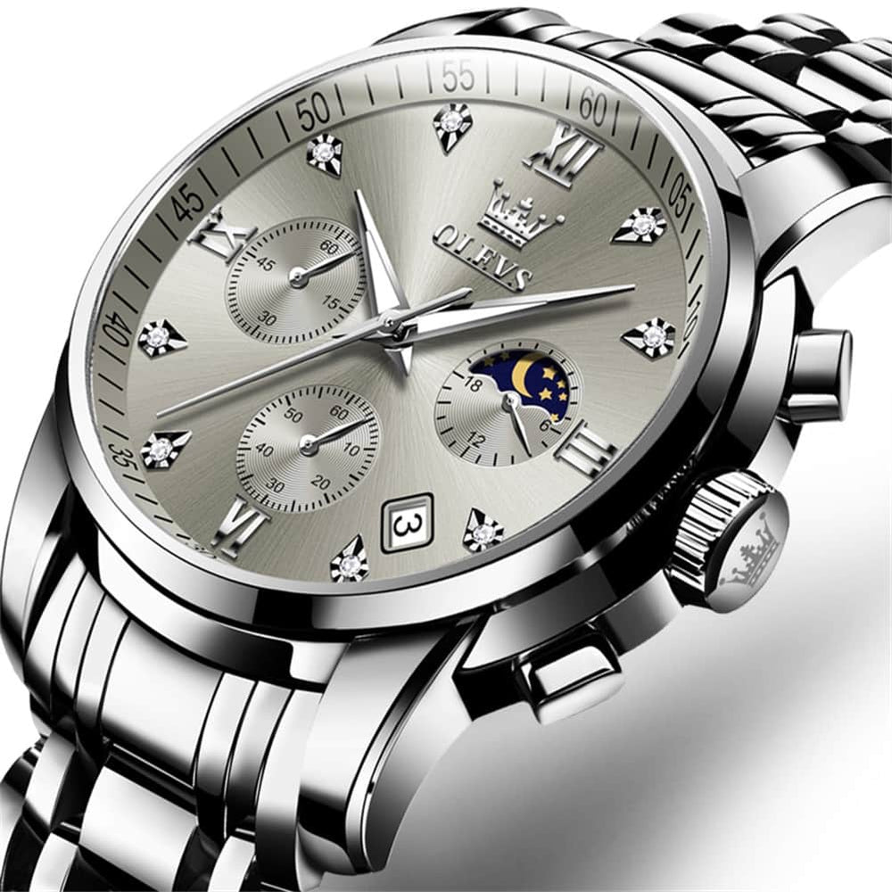 OLEVS 2858 Luxury Moon Phase Chronograph Watch for Men - Silver Grey Watch | Olevs Watch Store
