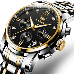 OLEVS 2858 Luxury Moon Phase Chronograph Watch for Men - Two-Tone Black Watch | Olevs Watch Store