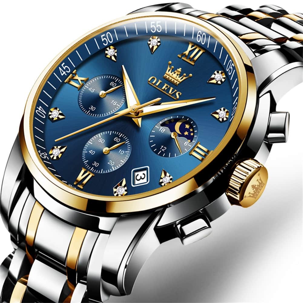 OLEVS 2858 Luxury Moon Phase Chronograph Watch for Men - Two-Tone Blue Watch | Olevs Watch Store