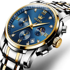 OLEVS 2858 Luxury Moon Phase Chronograph Watch for Men - Two-Tone Blue Watch | Olevs Watch Store