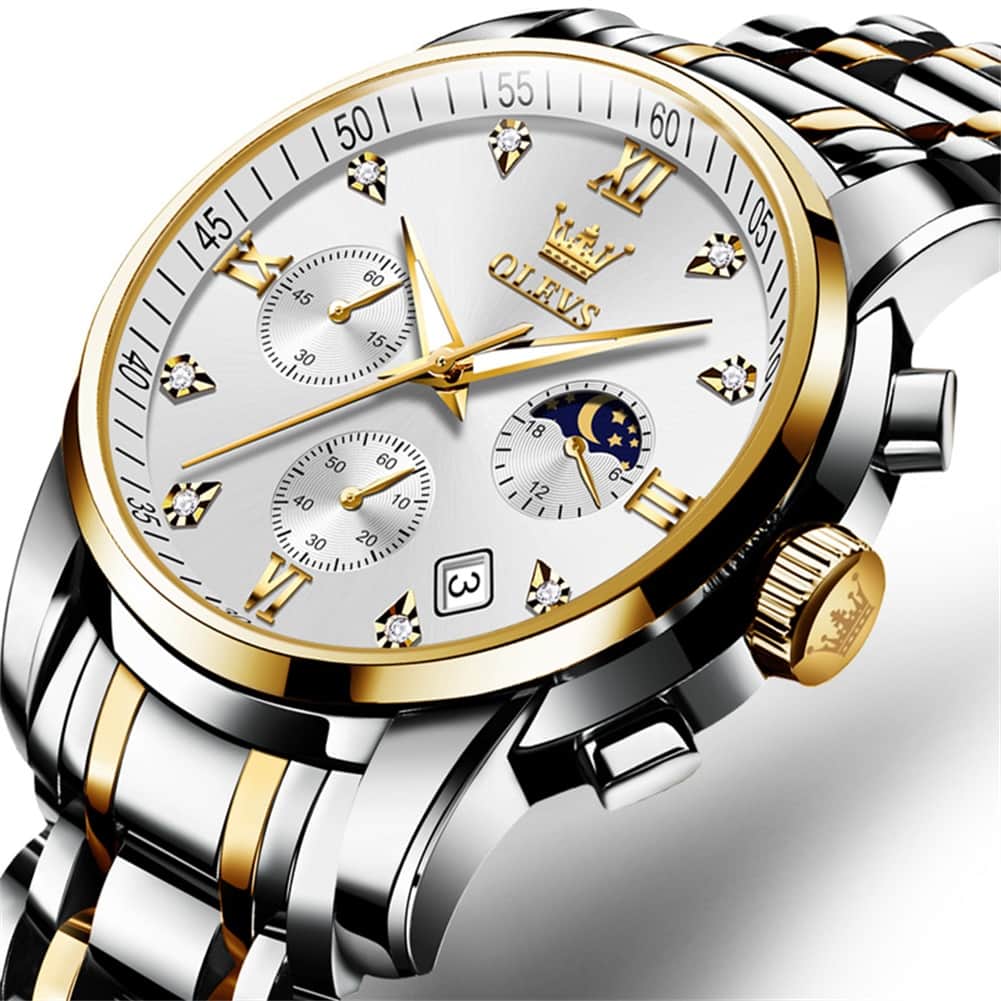 OLEVS 2858 Luxury Moon Phase Chronograph Watch for Men - Two-Tone White Watch | Olevs Watch Store