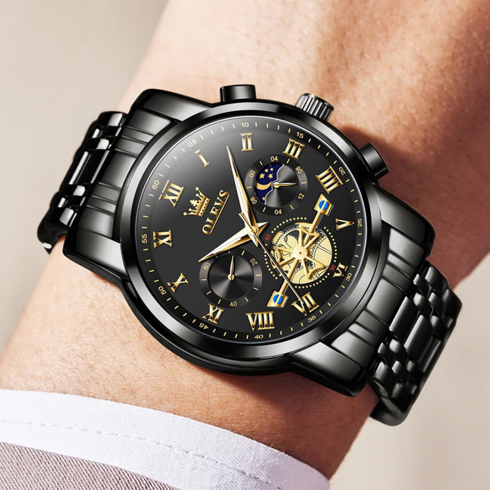 OLEVS 2859 Luxury Moon Phase Chronograph Quartz Watch for Men - All Black Watch | Olevs Watch Store