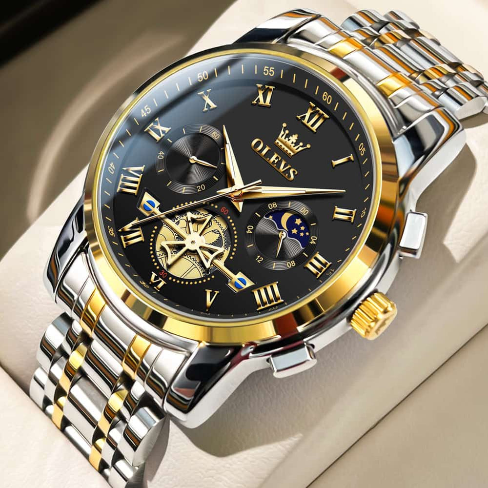 OLEVS 2859 Luxury Moon Phase Chronograph Quartz Watch for Men - All Black Watch | Olevs Watch Store