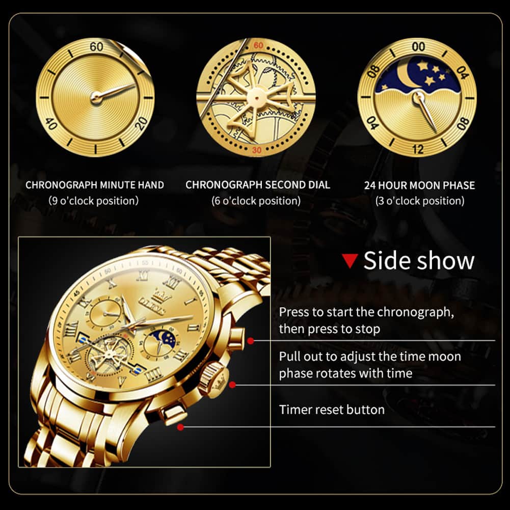 OLEVS 2859 Luxury Moon Phase Chronograph Quartz Watch for Men - All Black Watch | Olevs Watch Store