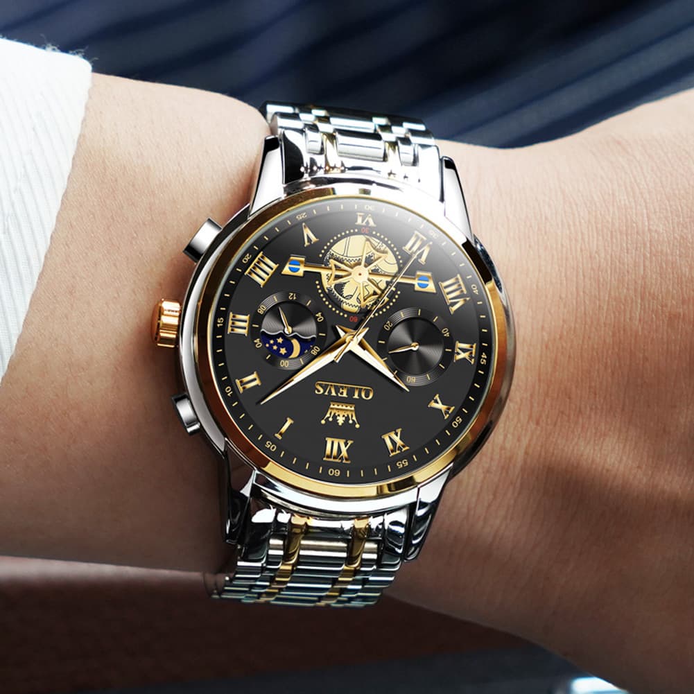 OLEVS 2859 Luxury Moon Phase Chronograph Quartz Watch for Men - All Black Watch | Olevs Watch Store