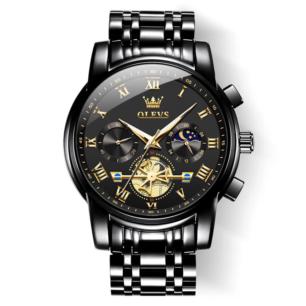 OLEVS 2859 Luxury Moon Phase Chronograph Quartz Watch for Men - All Black Watch | Olevs Watch Store