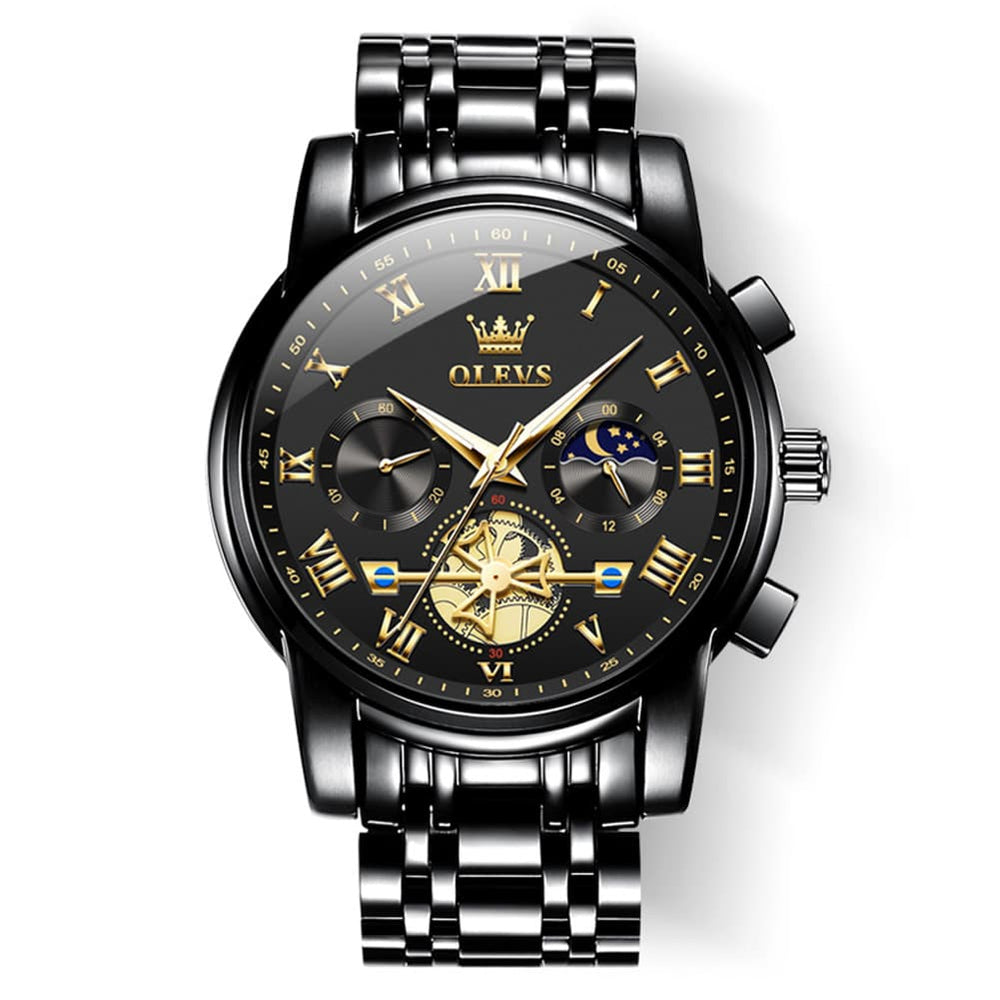 OLEVS 2859 Luxury Moon Phase Chronograph Quartz Watch for Men - All Black Watch | Olevs Watch Store