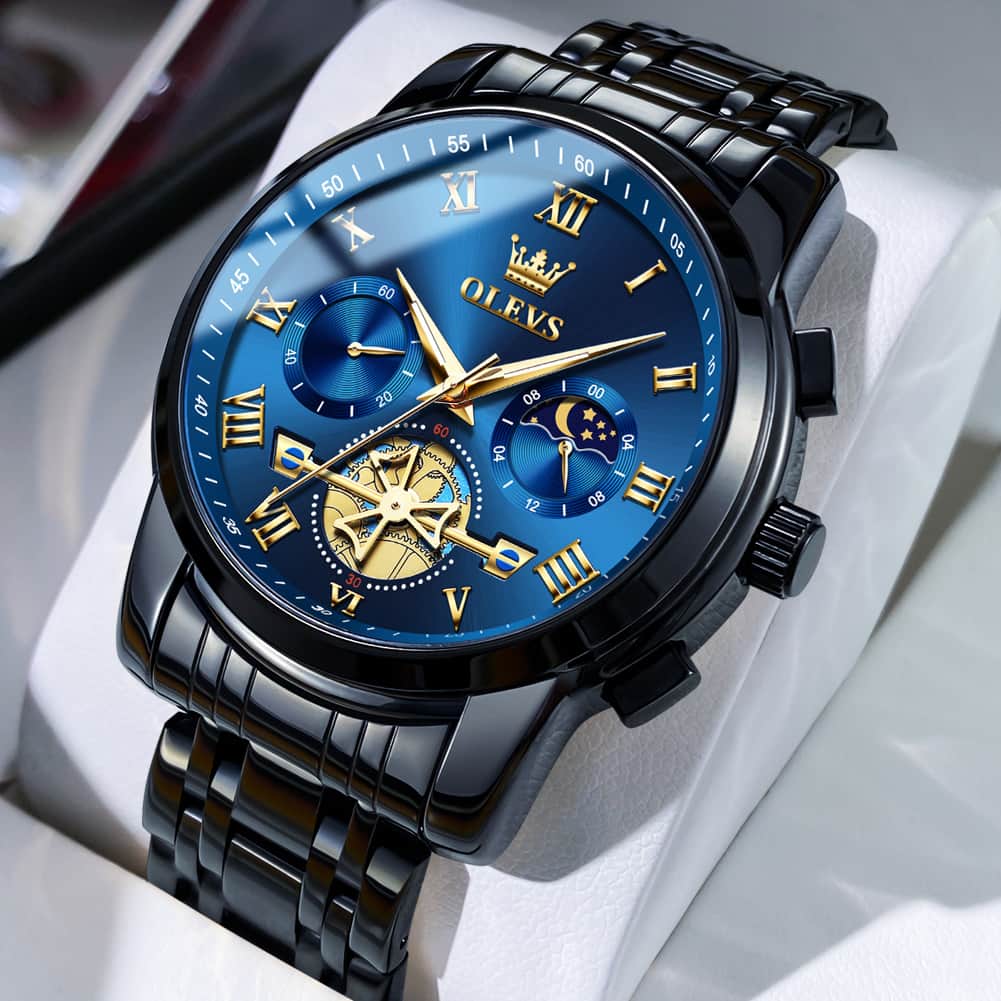 OLEVS 2859 Luxury Moon Phase Chronograph Quartz Watch for Men - All Black Watch | Olevs Watch Store