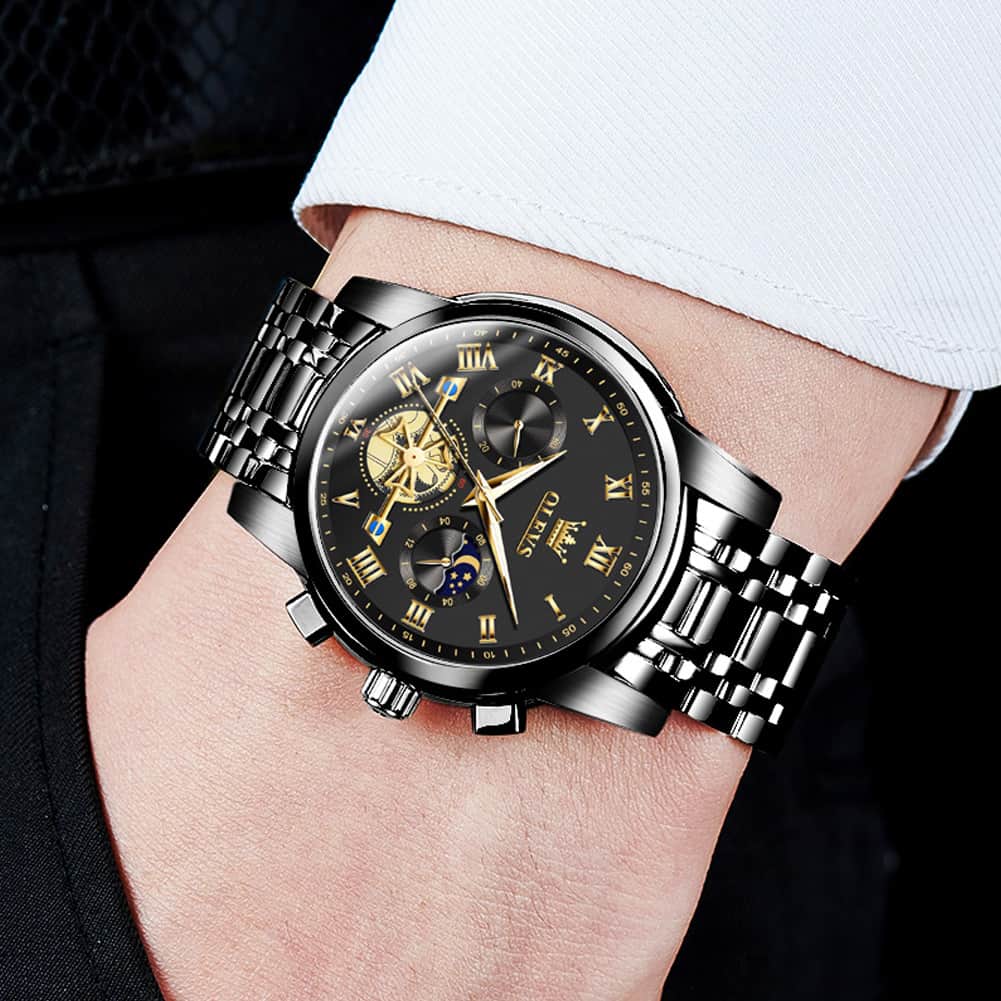 OLEVS 2859 Luxury Moon Phase Chronograph Quartz Watch for Men - All Black Watch | Olevs Watch Store