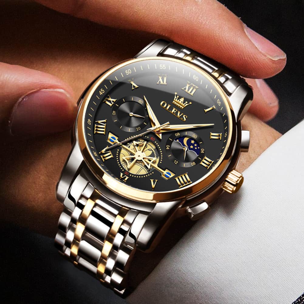 OLEVS 2859 Luxury Moon Phase Chronograph Quartz Watch for Men - All Black Watch | Olevs Watch Store
