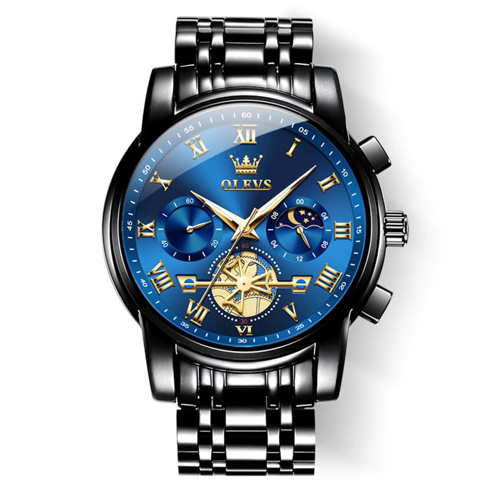 OLEVS 2859 Luxury Moon Phase Chronograph Quartz Watch for Men - All Black Blue Watch | Olevs Watch Store