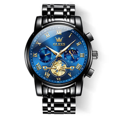 OLEVS 2859 Luxury Moon Phase Chronograph Quartz Watch for Men - All Black Blue Watch | Olevs Watch Store