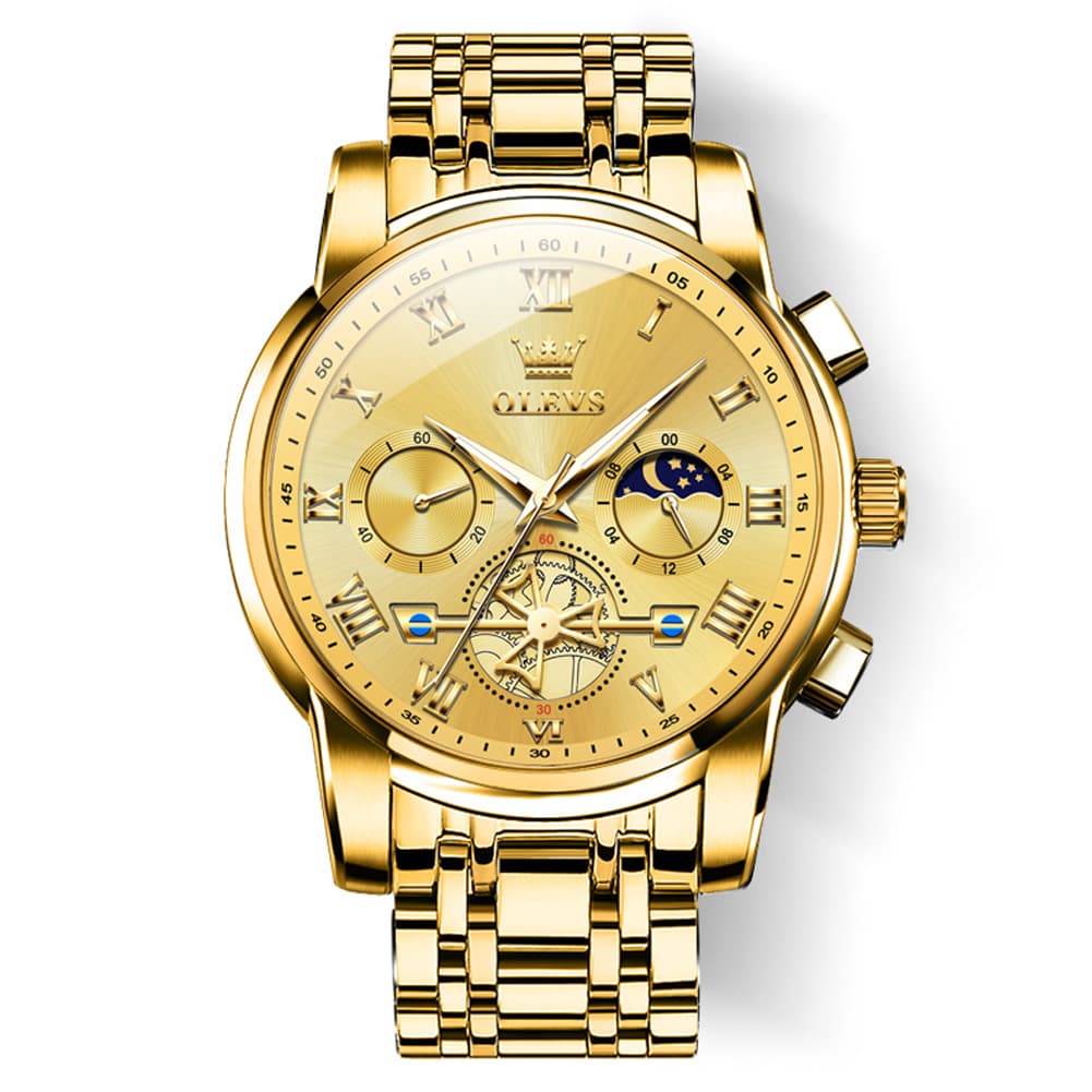 OLEVS 2859 Luxury Moon Phase Chronograph Quartz Watch for Men - All Gold Watch | Olevs Watch Store