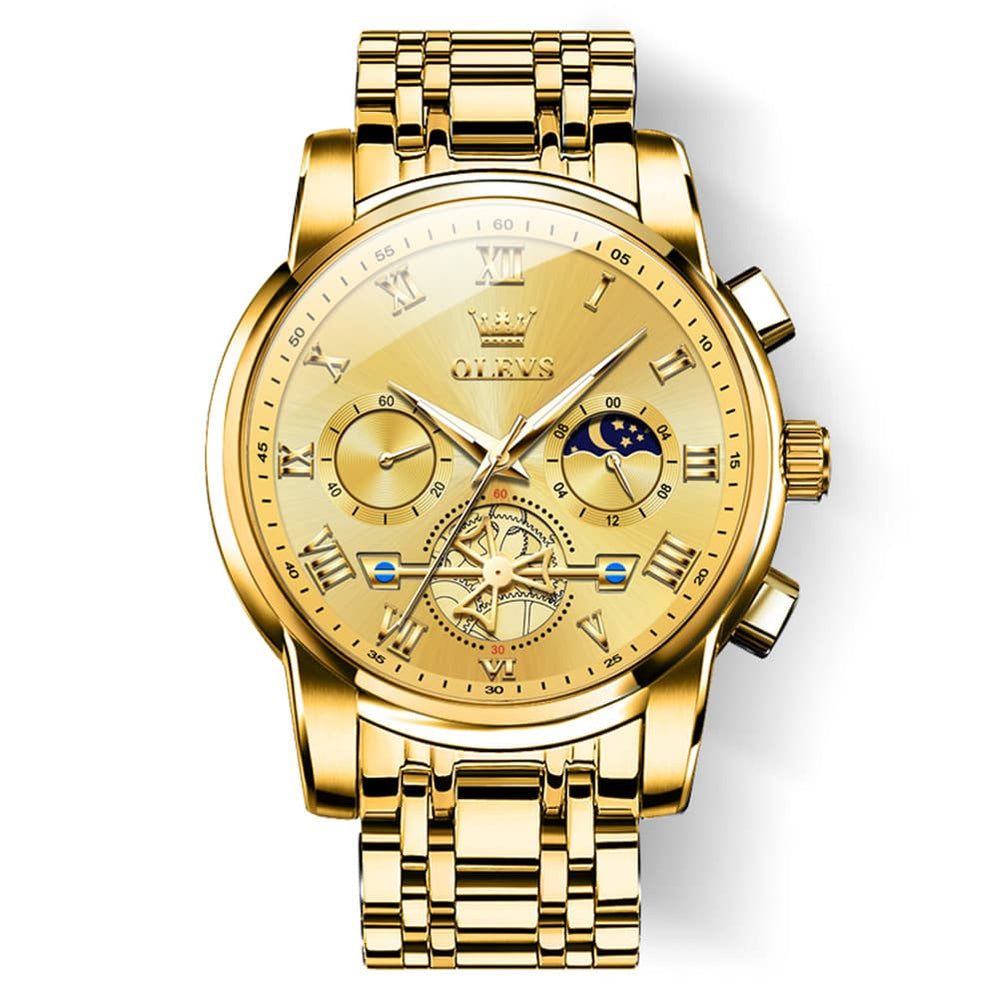 OLEVS 2859 Luxury Moon Phase Chronograph Quartz Watch for Men - All Gold Watch | Olevs Watch Store
