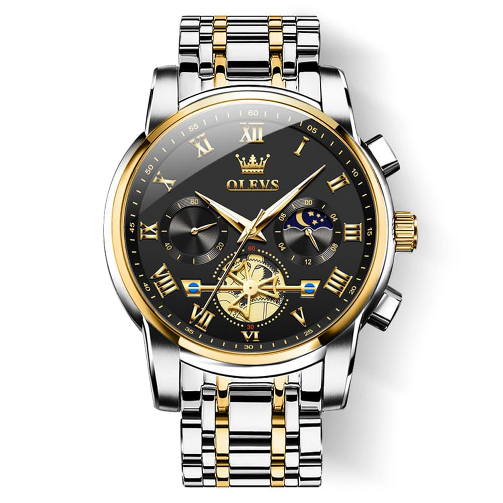 OLEVS 2859 Luxury Moon Phase Chronograph Quartz Watch for Men - Two-Tone Black Watch | Olevs Watch Store