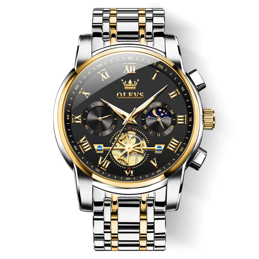OLEVS 2859 Luxury Moon Phase Chronograph Quartz Watch for Men - Two-Tone Black Watch | Olevs Watch Store