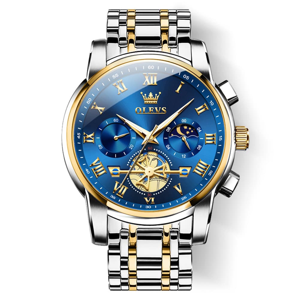 OLEVS 2859 Luxury Moon Phase Chronograph Quartz Watch for Men - Two-Tone Blue Watch | Olevs Watch Store