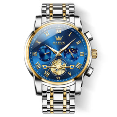 OLEVS 2859 Luxury Moon Phase Chronograph Quartz Watch for Men - Two-Tone Blue Watch | Olevs Watch Store