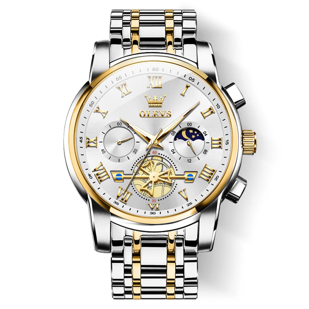 OLEVS 2859 Luxury Moon Phase Chronograph Quartz Watch for Men - Two-Tone White Watch | Olevs Watch Store