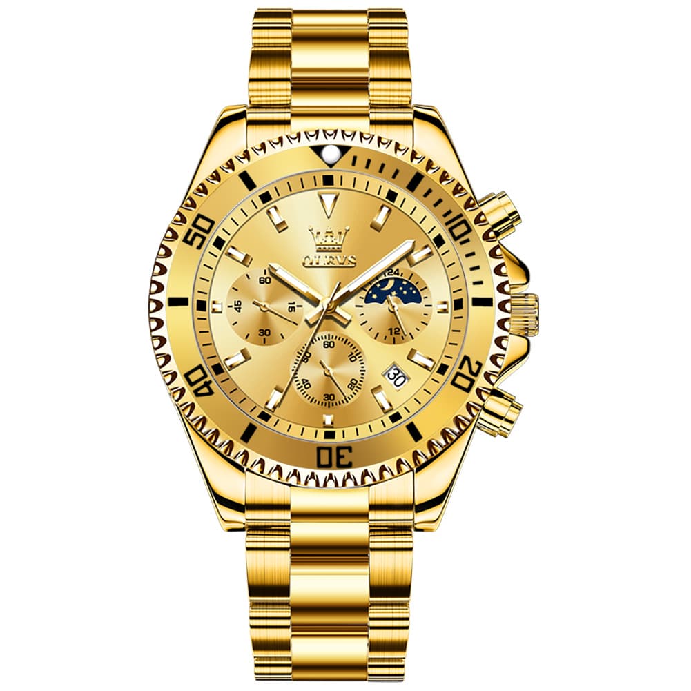 OLEVS 2870 Luxury Moon Phase Dive Chronograph Watch for Men - All Gold Watch | Olevs Watch Store
