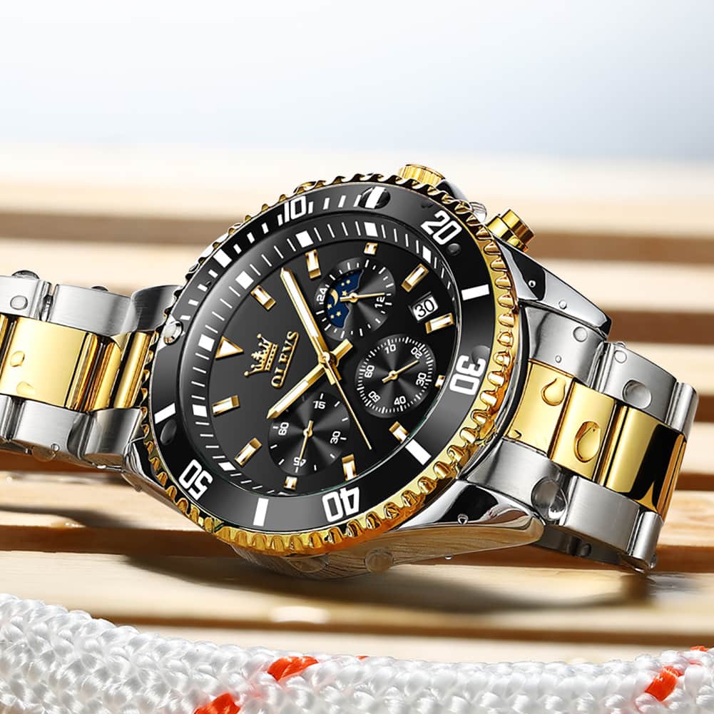 OLEVS 2870 Luxury Moon Phase Dive Chronograph Watch for Men - All Gold Watch | Olevs Watch Store