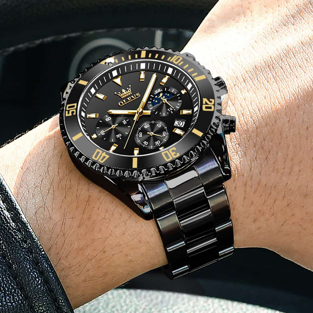 OLEVS 2870 Luxury Moon Phase Dive Chronograph Watch for Men - All Gold Watch | Olevs Watch Store