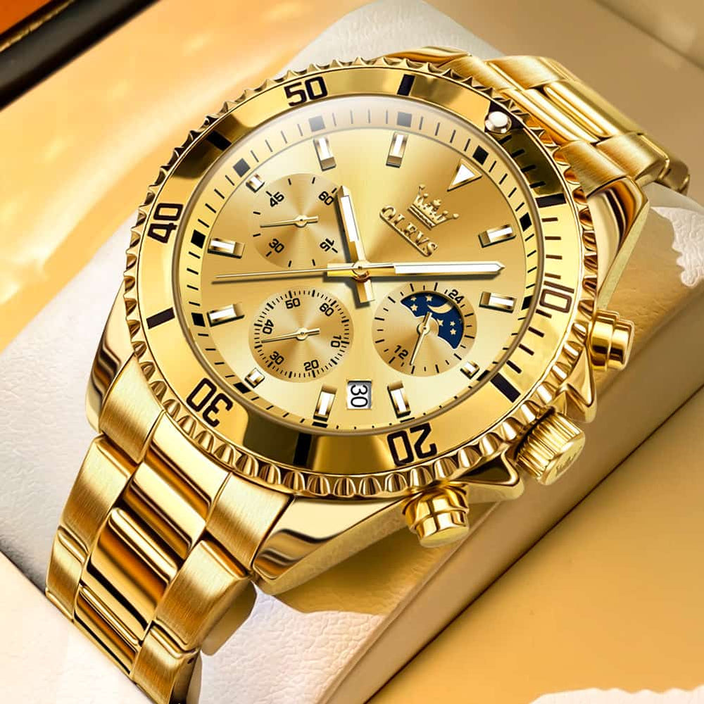 OLEVS 2870 Luxury Moon Phase Dive Chronograph Watch for Men - All Gold Watch | Olevs Watch Store