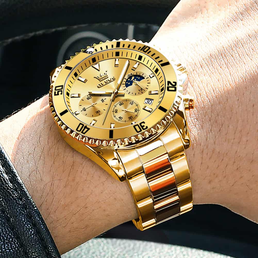 OLEVS 2870 Luxury Moon Phase Dive Chronograph Watch for Men - All Gold Watch | Olevs Watch Store