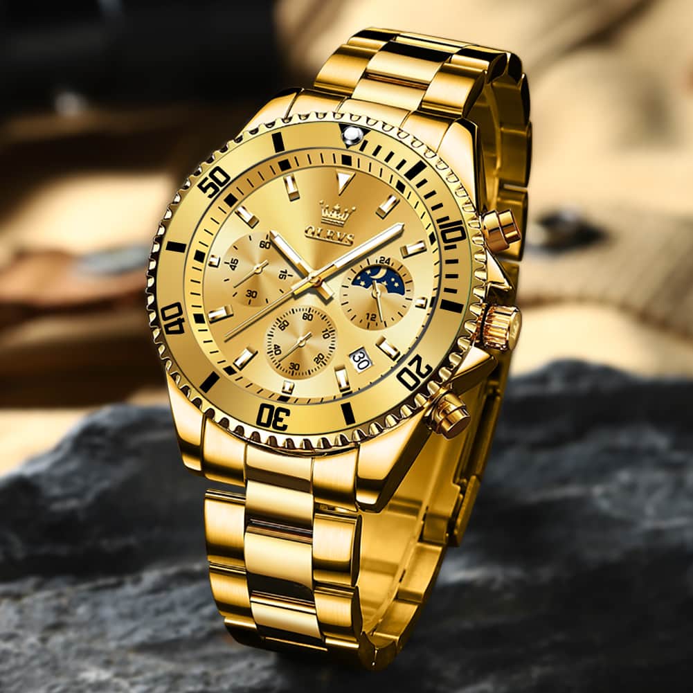 OLEVS 2870 Luxury Moon Phase Dive Chronograph Watch for Men - All Gold Watch | Olevs Watch Store