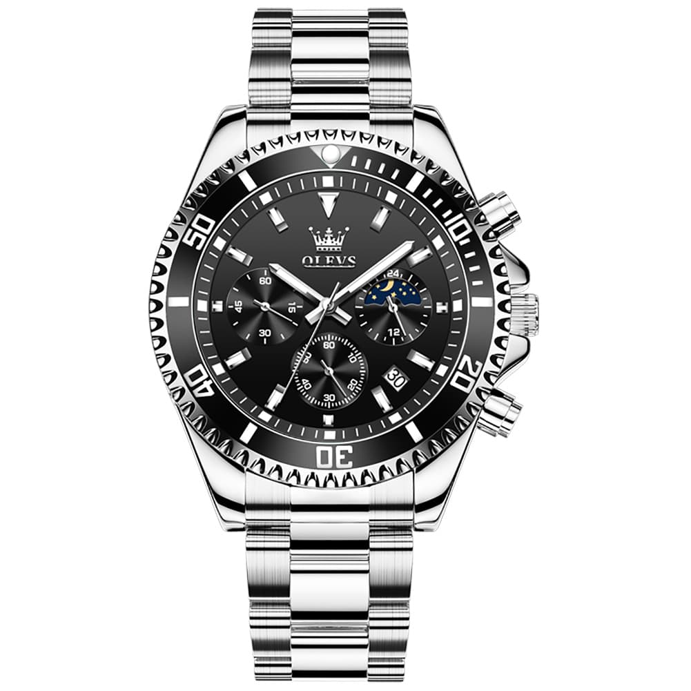 OLEVS 2870 Luxury Moon Phase Dive Chronograph Watch for Men - Silver Black Watch | Olevs Watch Store