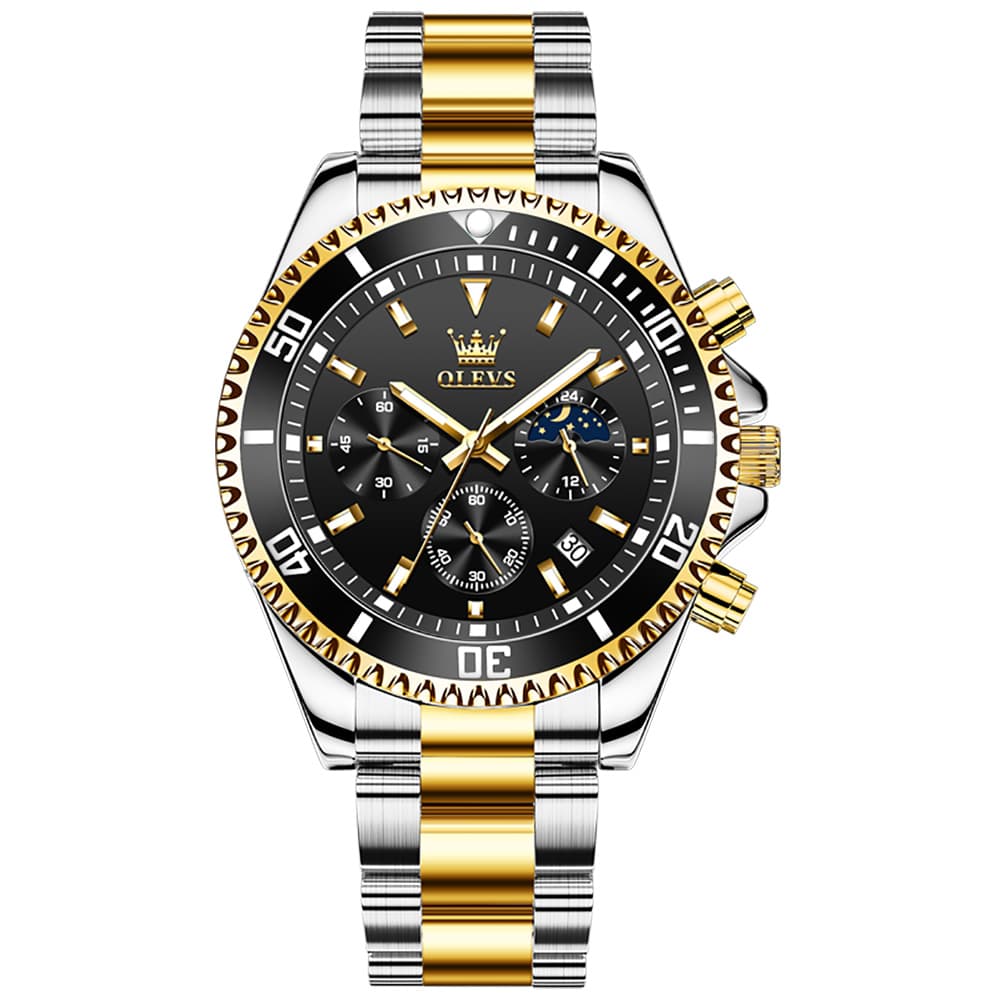 OLEVS 2870 Luxury Moon Phase Dive Chronograph Watch for Men - Two-Tone Black Watch | Olevs Watch Store