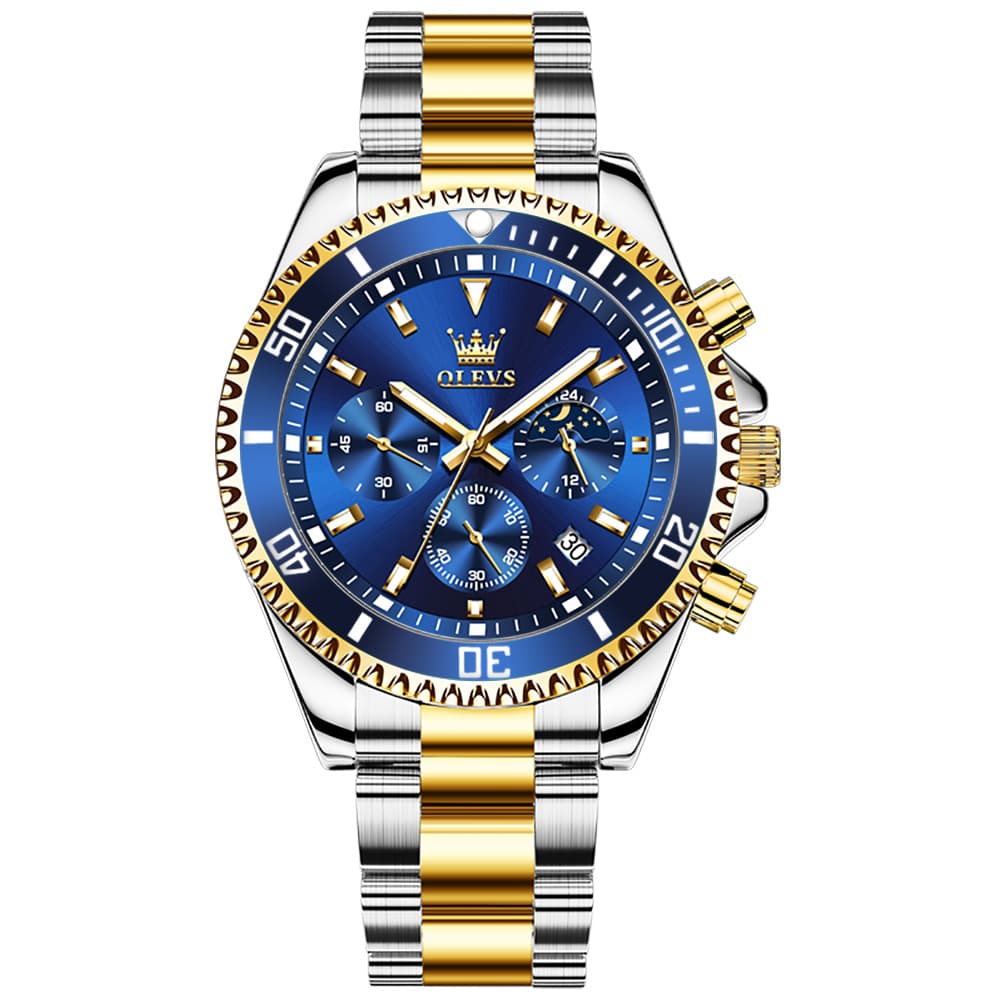 OLEVS 2870 Luxury Moon Phase Dive Chronograph Watch for Men - Two-Tone Blue Watch | Olevs Watch Store