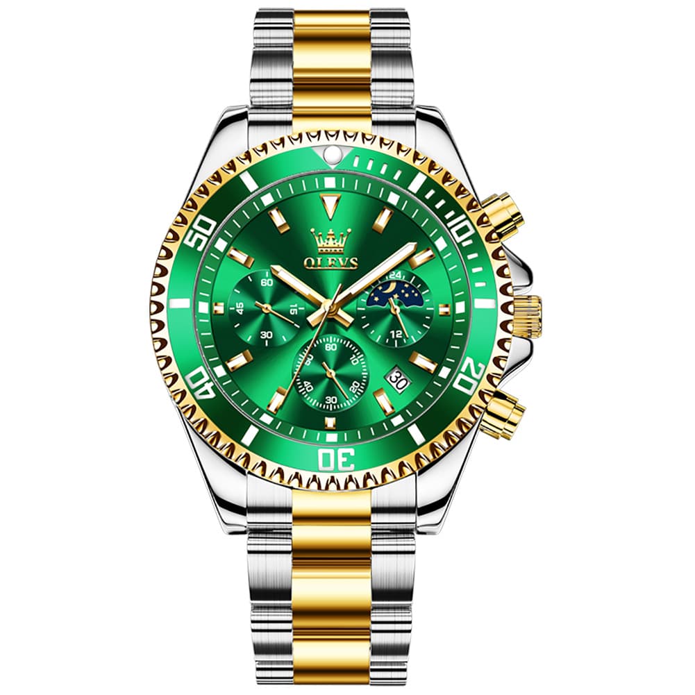 OLEVS 2870 Luxury Moon Phase Dive Chronograph Watch for Men - Two-Tone Green Watch | Olevs Watch Store