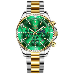 OLEVS 2870 Luxury Moon Phase Dive Chronograph Watch for Men - Two-Tone Green Watch | Olevs Watch Store